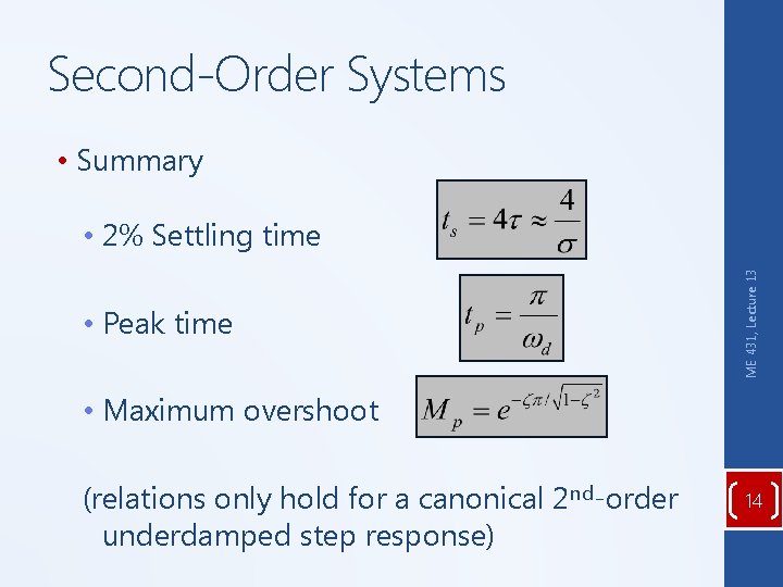 Second-Order Systems • Summary • Peak time ME 431, Lecture 13 • 2% Settling