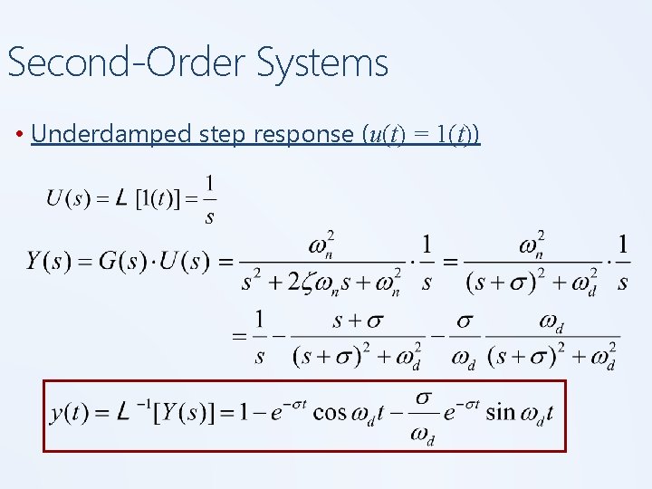 Second-Order Systems • Underdamped step response (u(t) = 1(t)) 