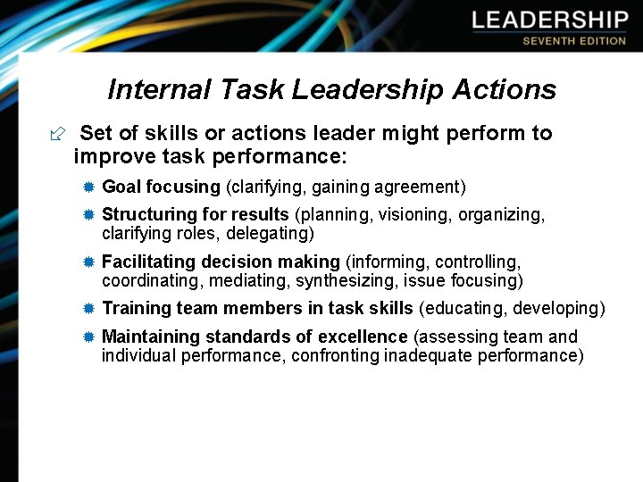 Internal Task Leadership Actions ÷ Set of skills or actions leader might perform to