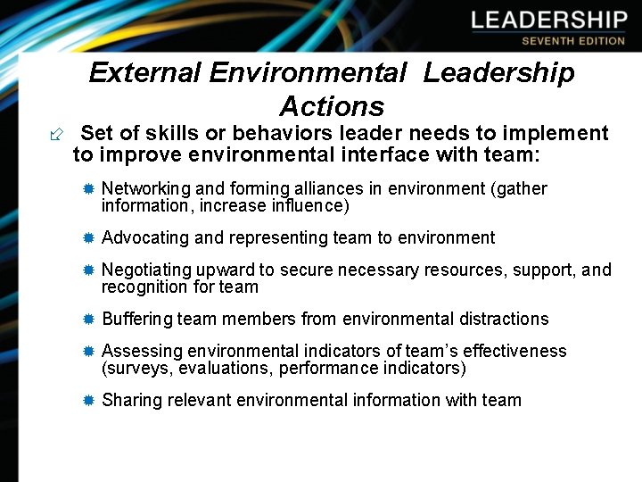 External Environmental Leadership Actions ÷ Set of skills or behaviors leader needs to implement