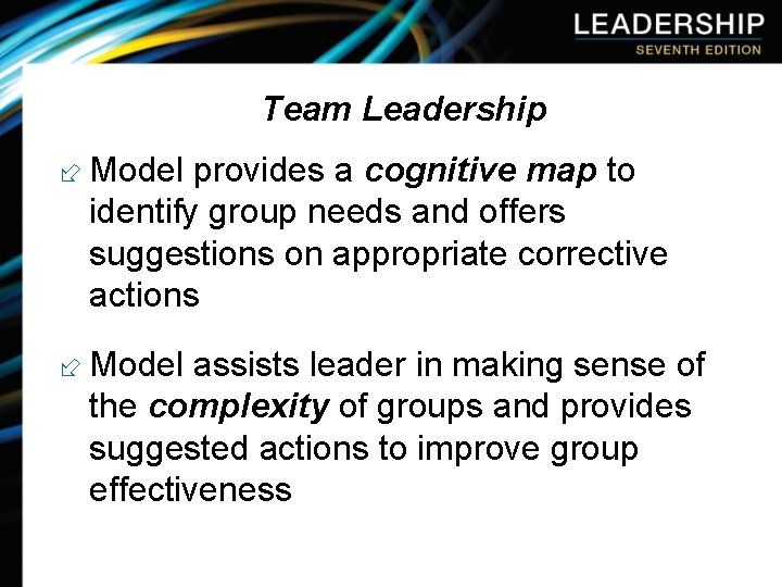 Team Leadership ÷ Model provides a cognitive map to identify group needs and offers