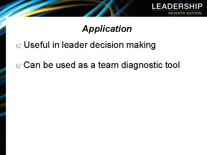 Application ÷ Useful in leader decision making ÷ Can be used as a team