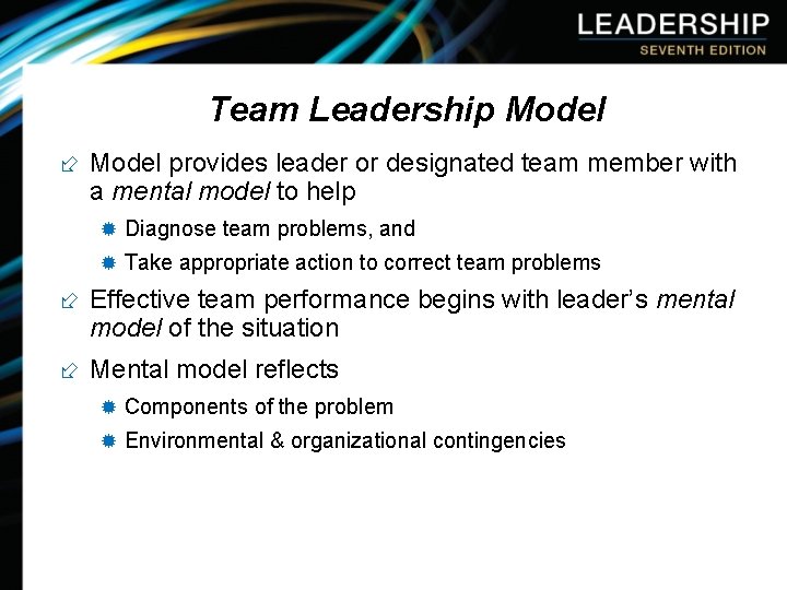 Team Leadership Model ÷ Model provides leader or designated team member with a mental