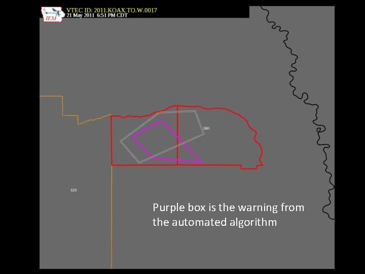 Purple box is the warning from the automated algorithm 