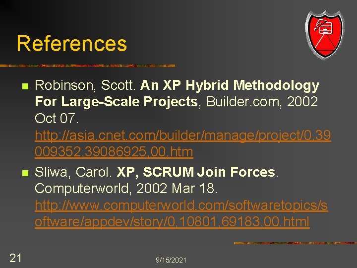 References n n 21 Robinson, Scott. An XP Hybrid Methodology For Large-Scale Projects, Builder.