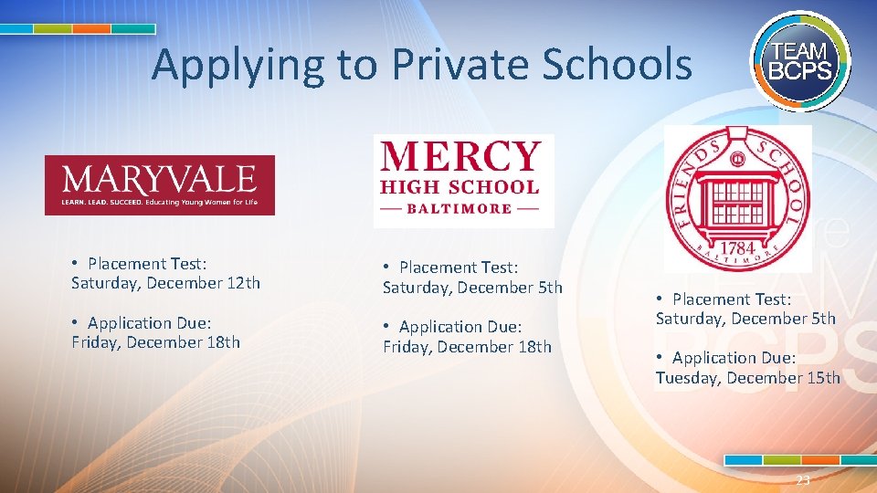 Applying to Private Schools • Placement Test: Saturday, December 12 th • Placement Test: