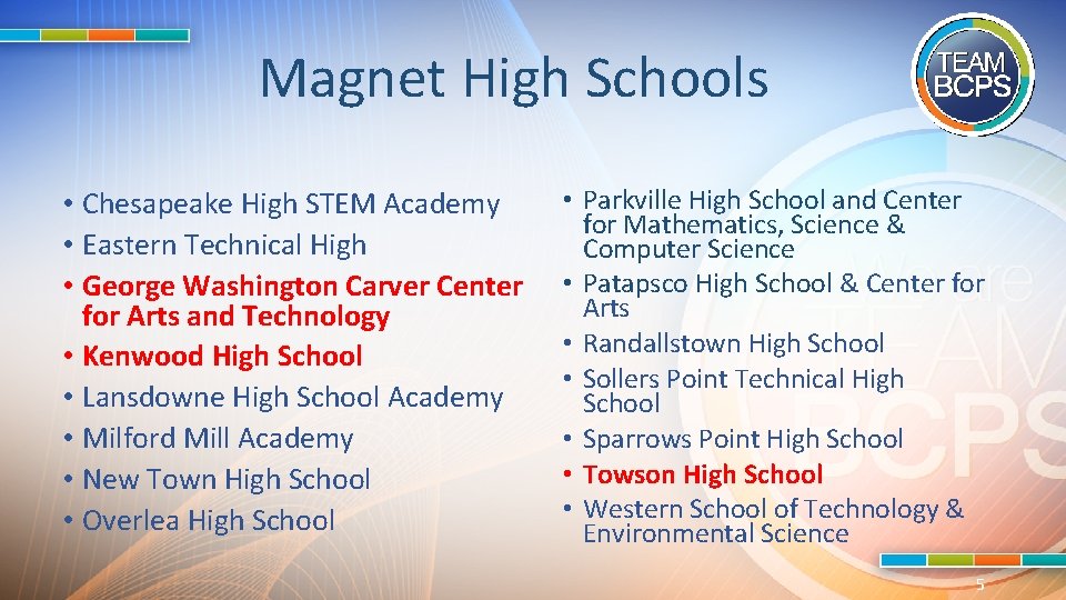 Magnet High Schools • Chesapeake High STEM Academy • Eastern Technical High • George