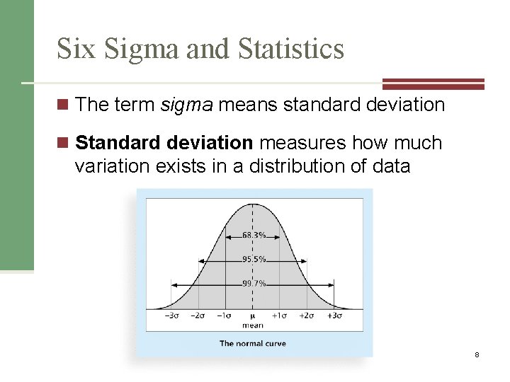 Six Sigma and Statistics n The term sigma means standard deviation n Standard deviation