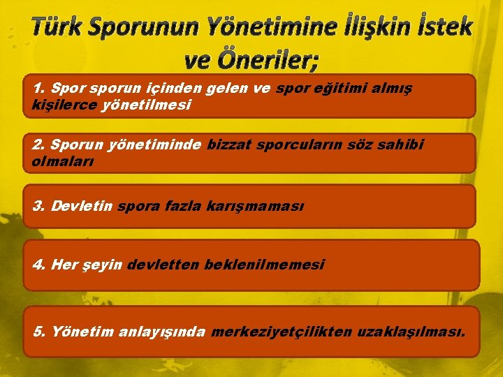 Türk Sporunun Yönetimine İlişkin İstek ve Öneriler; 1. Spor sporun içinden gelen ve spor