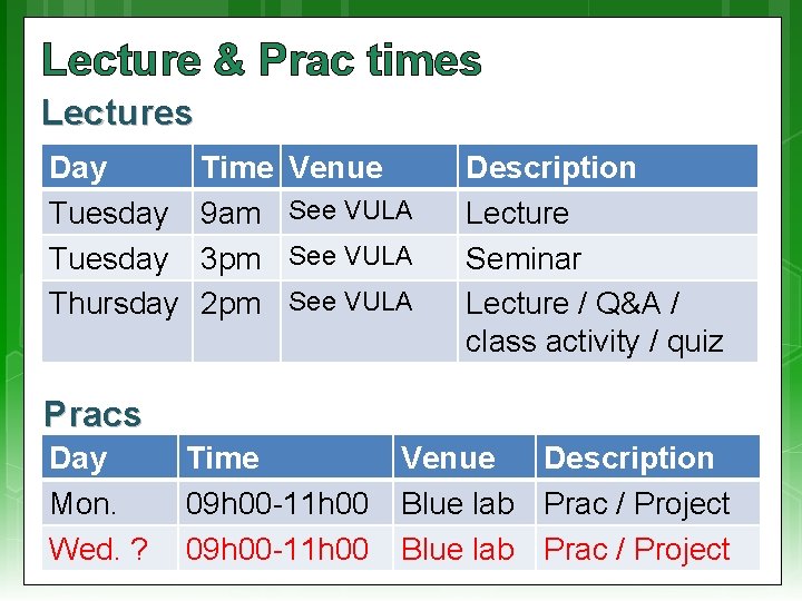 Lecture & Prac times Lectures Day Tuesday Thursday Time 9 am 3 pm 2