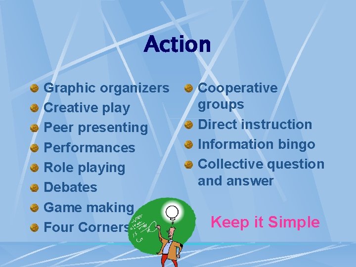 Action Graphic organizers Creative play Peer presenting Performances Role playing Debates Game making Four