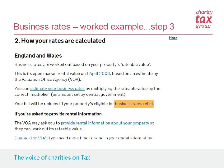 Business rates – worked example. . . step 3 The voice of charities on