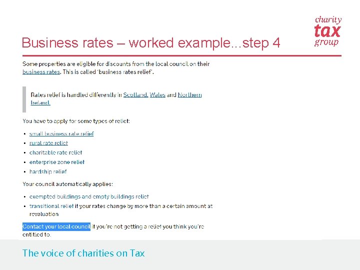 Business rates – worked example. . . step 4 The voice of charities on