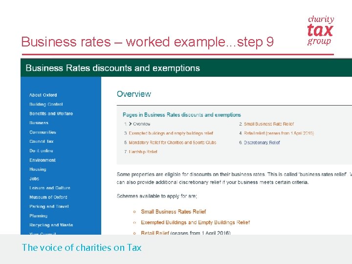 Business rates – worked example. . . step 9 The voice of charities on