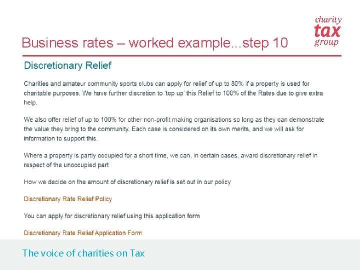 Business rates – worked example. . . step 10 The voice of charities on