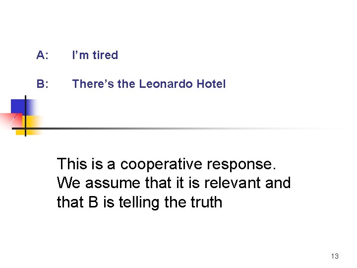 A: I’m tired B: There’s the Leonardo Hotel This is a cooperative response. We