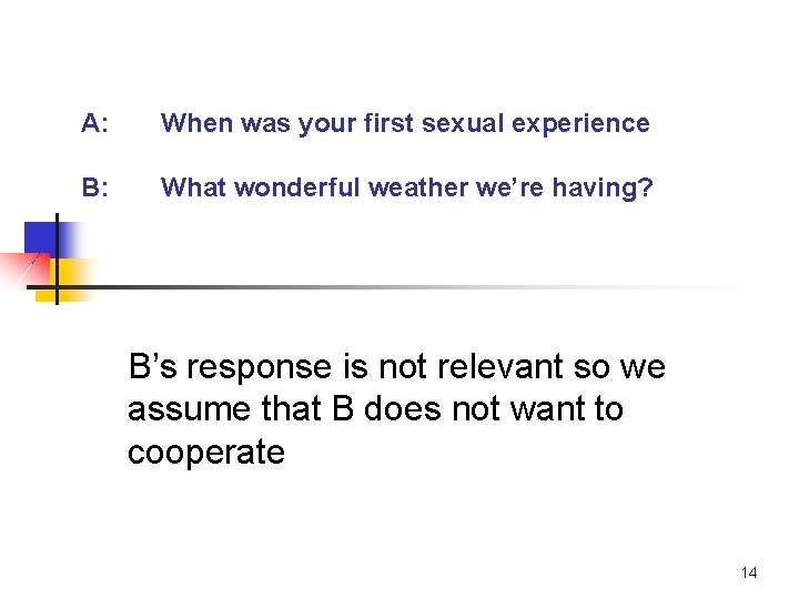 A: When was your first sexual experience B: What wonderful weather we’re having? B’s