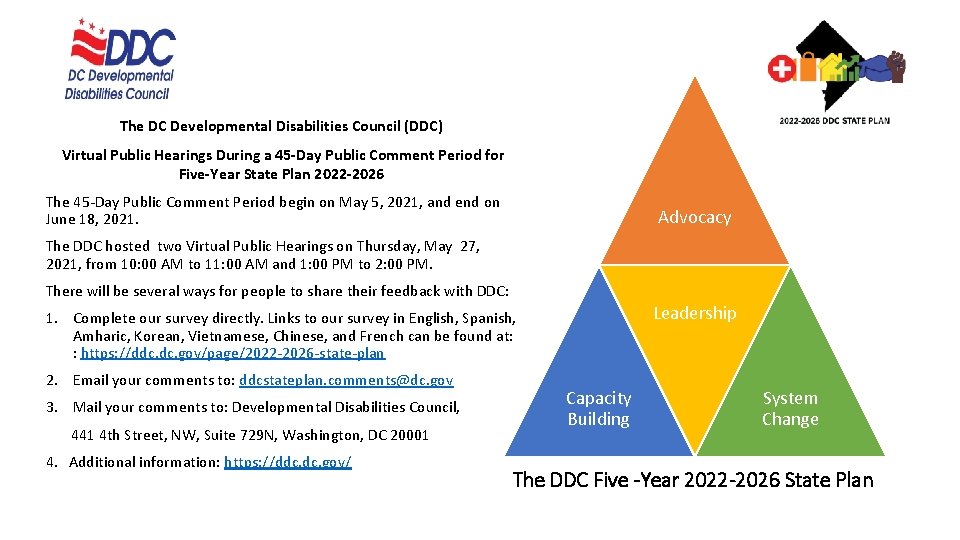 The DC Developmental Disabilities Council (DDC) Virtual Public Hearings During a 45 -Day Public