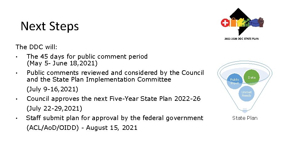 Next Steps The DDC will: • The 45 days for public comment period (May