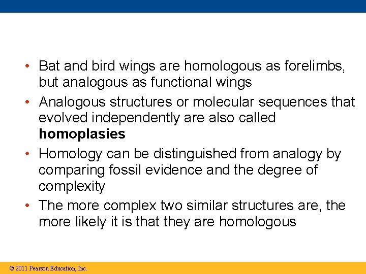  • Bat and bird wings are homologous as forelimbs, but analogous as functional