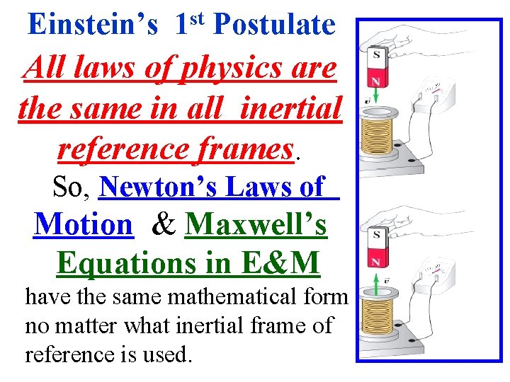 Einstein’s st 1 Postulate All laws of physics are the same in all inertial