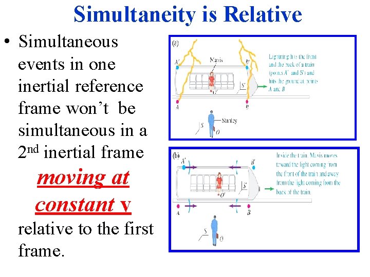 Simultaneity is Relative • Simultaneous events in one inertial reference frame won’t be simultaneous