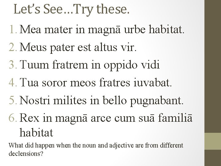 Let’s See…Try these. 1. Mea mater in magnā urbe habitat. 2. Meus pater est