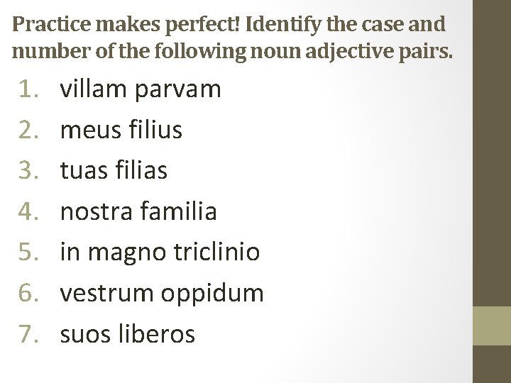 Practice makes perfect! Identify the case and number of the following noun adjective pairs.