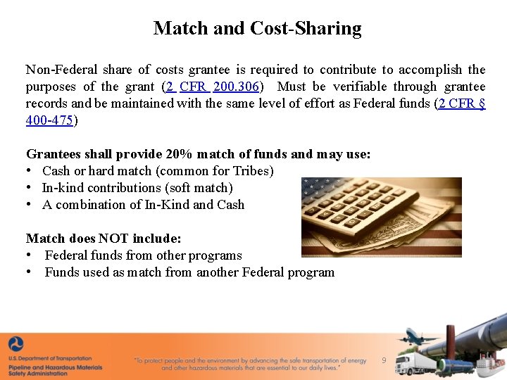 Match and Cost-Sharing Non-Federal share of costs grantee is required to contribute to accomplish