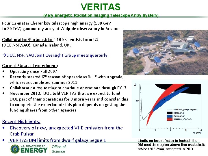 VERITAS (Very Energetic Radiation Imaging Telescope Array System) Four 12 -meter Cherenkov telescope high