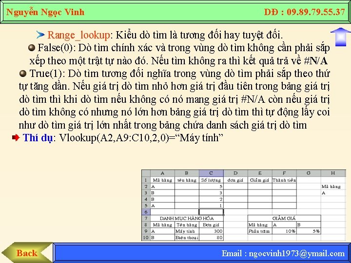 Nguyễn Ngọc Vinh DĐ : 09. 89. 79. 55. 37 Range_lookup: Kiểu dò tìm