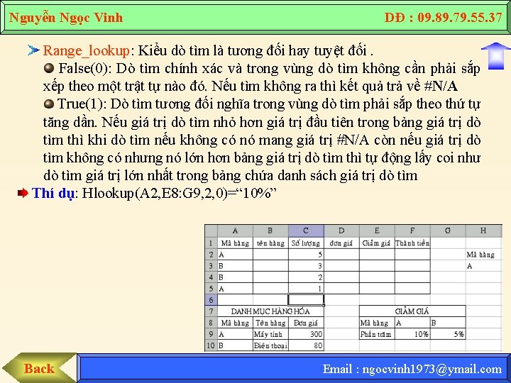 Nguyễn Ngọc Vinh DĐ : 09. 89. 79. 55. 37 Range_lookup: Kiểu dò tìm