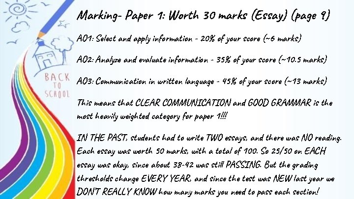 Marking- Paper 1: Worth 30 marks (Essay) (page 9) AO 1: Select and apply Marking- Paper 1: Worth 30 marks (Essay) (page 9) AO 1: Select and apply