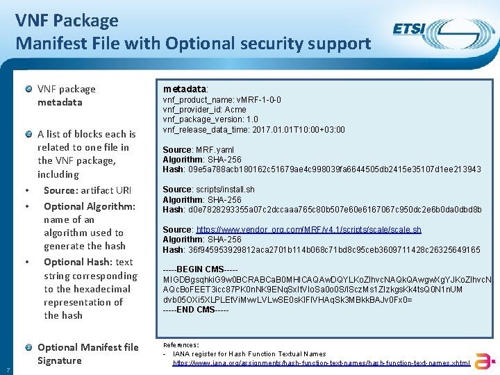 VNF Package Manifest File with Optional security support VNF package metadata A list of