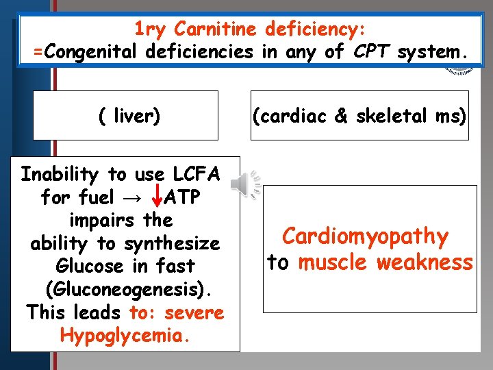 1 ry Carnitine deficiency: =Congenital in any of CPT system. Click to edit deficiencies