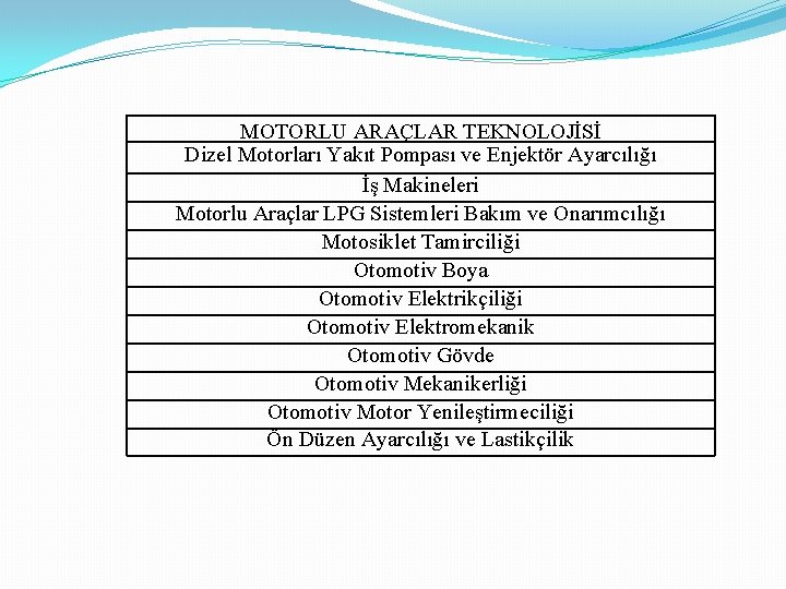 MOTORLU ARAÇLAR TEKNOLOJİSİ Dizel Motorları Yakıt Pompası ve Enjektör Ayarcılığı İş Makineleri Motorlu Araçlar