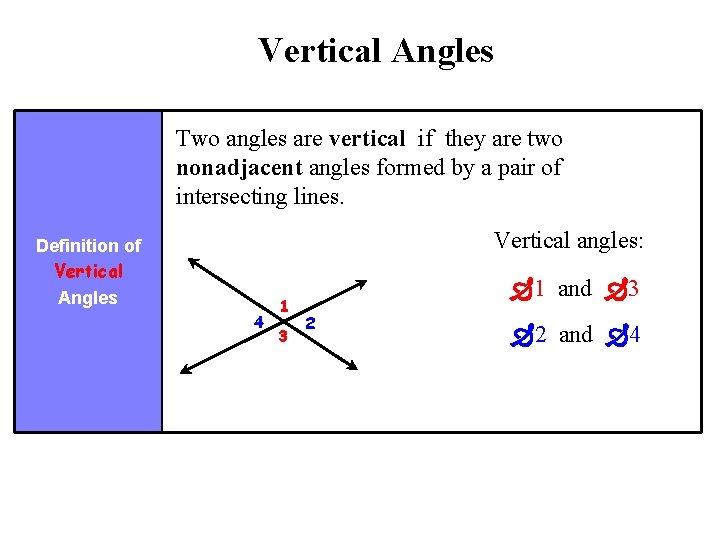 Vertical Angles Two angles are vertical if they are two nonadjacent angles formed by