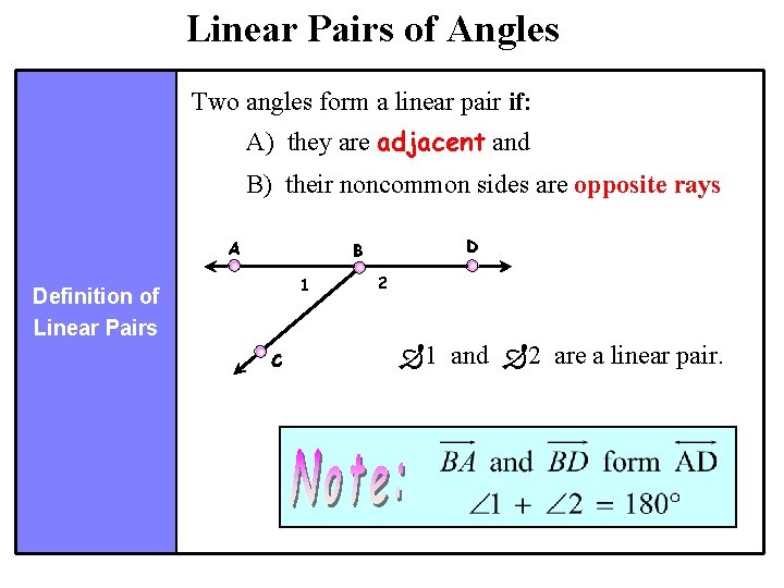 Linear Pairs of Angles Two angles form a linear pair if: A) they are