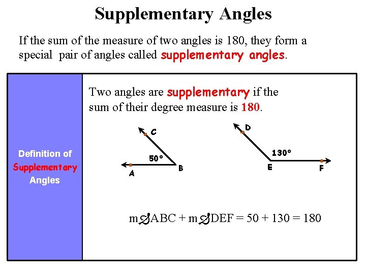 Supplementary Angles If the sum of the measure of two angles is 180, they