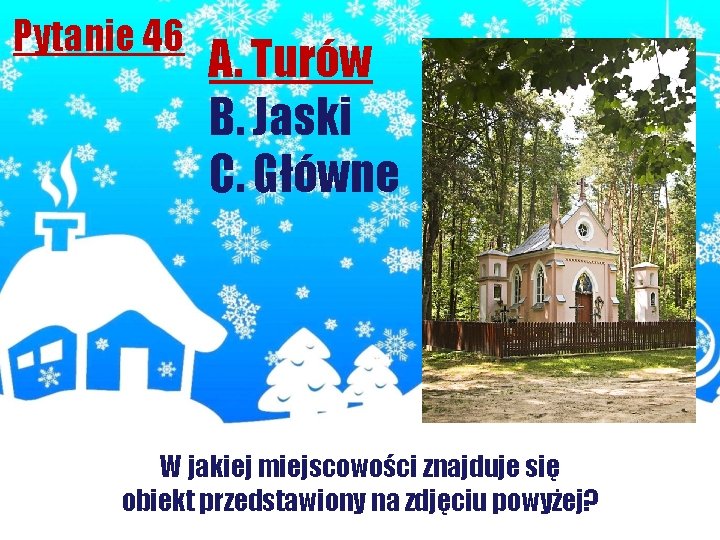 Pytanie 46 A. Turów B. Jaski C. Główne W jakiej miejscowości znajduje się obiekt