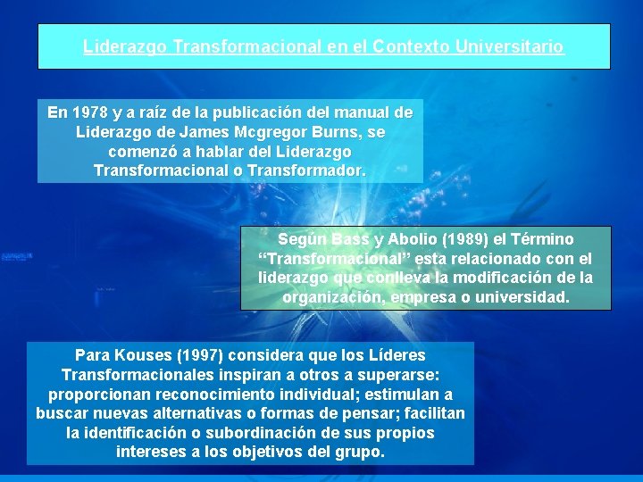 Liderazgo Transformacional en el Contexto Universitario En 1978 y a raíz de la publicación