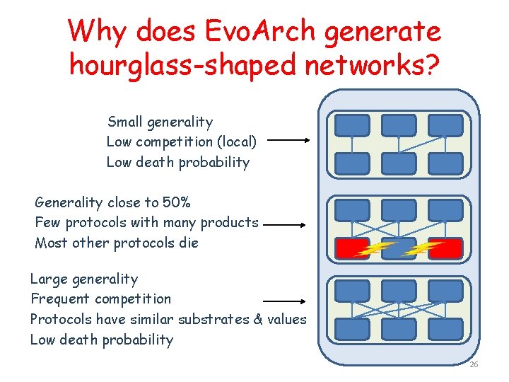 Why does Evo. Arch generate hourglass-shaped networks? Small generality Low competition (local) Low death