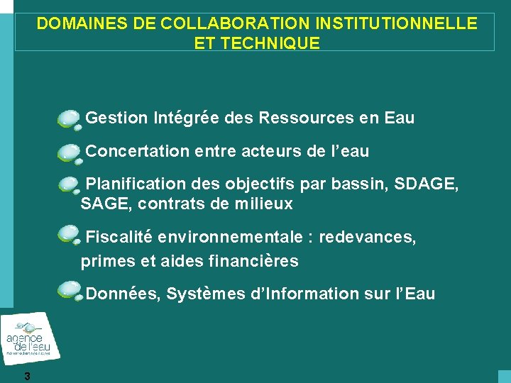 DOMAINES DE COLLABORATION INSTITUTIONNELLE ET TECHNIQUE Gestion Intégrée des Ressources en Eau Concertation entre