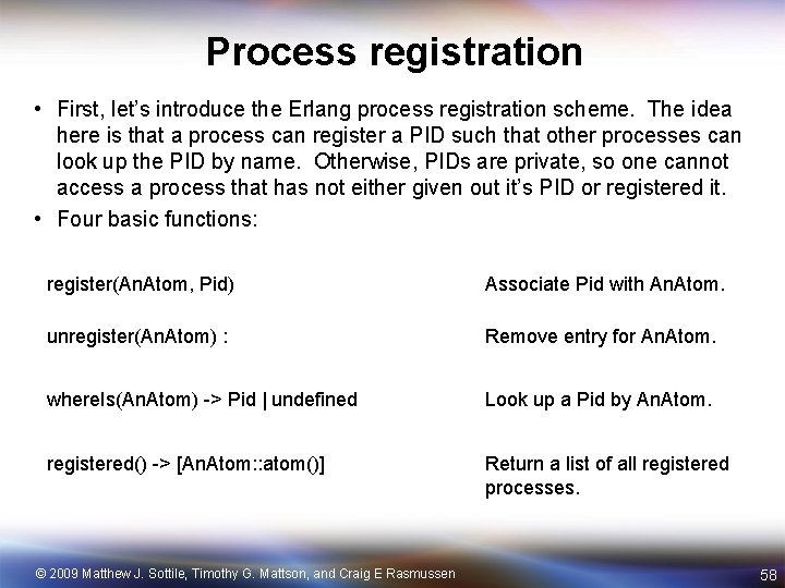 Process registration • First, let’s introduce the Erlang process registration scheme. The idea here