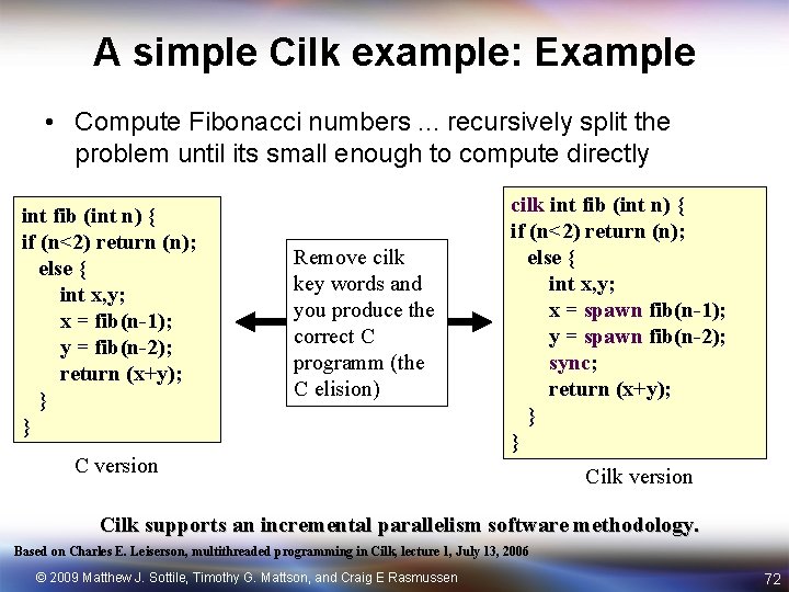 A simple Cilk example: Example • Compute Fibonacci numbers. . . recursively split the