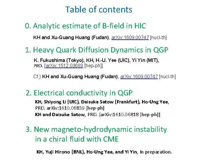 Table of contents 0. Analytic estimate of B-field in HIC KH and Xu-Guang Huang