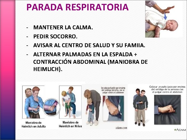 PARADA RESPIRATORIA - MANTENER LA CALMA. PEDIR SOCORRO. AVISAR AL CENTRO DE SALUD Y