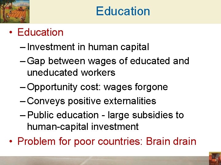 Education • Education – Investment in human capital – Gap between wages of educated