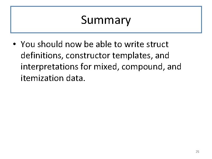 Summary • You should now be able to write struct definitions, constructor templates, and