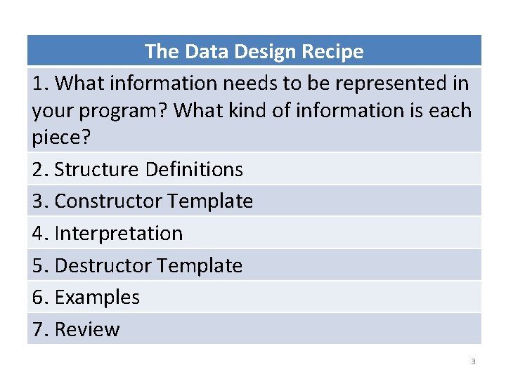 The Data Design Recipe 1. What information needs to be represented in your program?